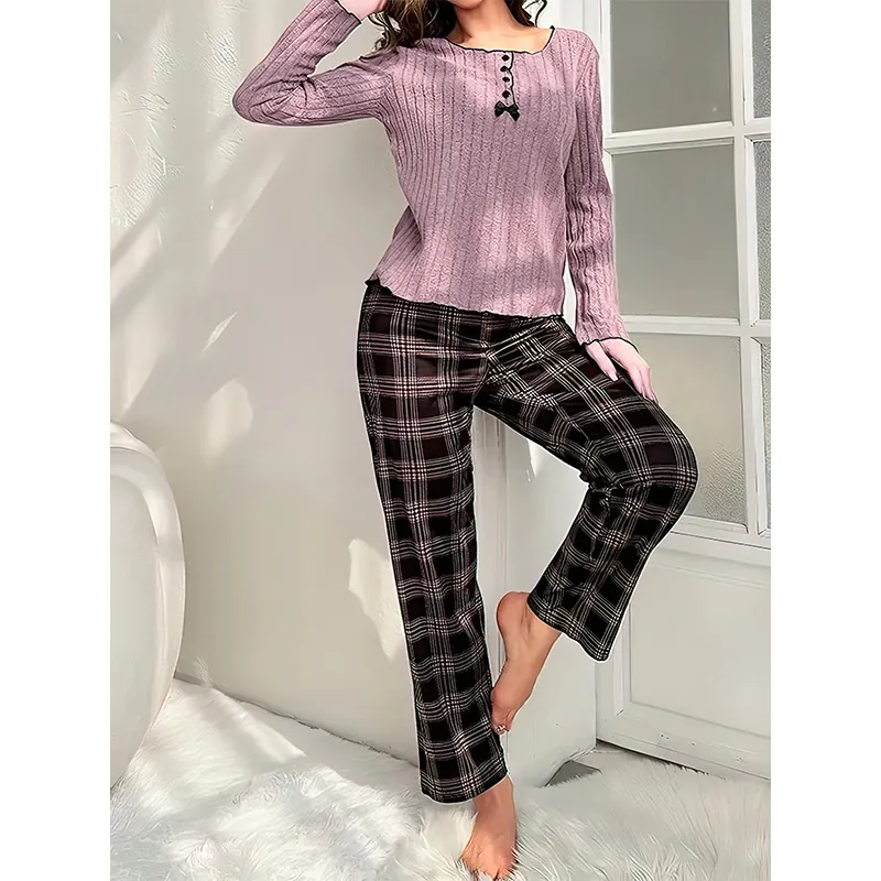 Damen Casual Polyester Loungewear Oberteil und Hose Geripptes Langarm-Oberteil und Karierte Hose Frühling Herbst Winter Home Wear