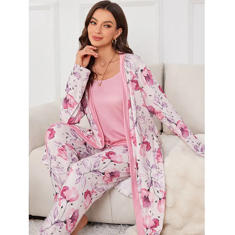 Vêtements d'Intérieur Femme Trois Pièces Imprimé Floral Top And Bottom Robe de Chambre Camisole Pantalon Confortable Polyester