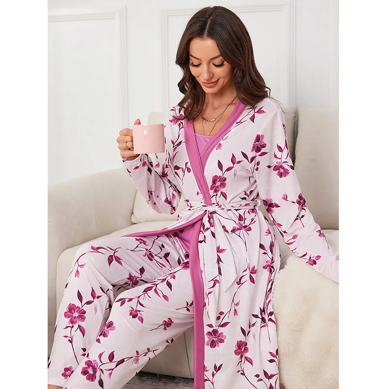 Women Floral Printed 3 Piece Pajama Set With Robe Cami Top And Bottom Soft Polyester Loungewear Sleepwear Homewear For Ladies