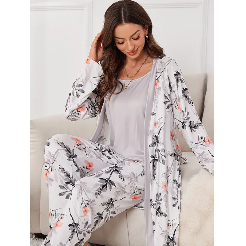 Vêtements De Détente Femmes Peignoir Caraco Et Pantalon Long Imprimé Floral Pyjama Col En V Élégant Pour Femmes
