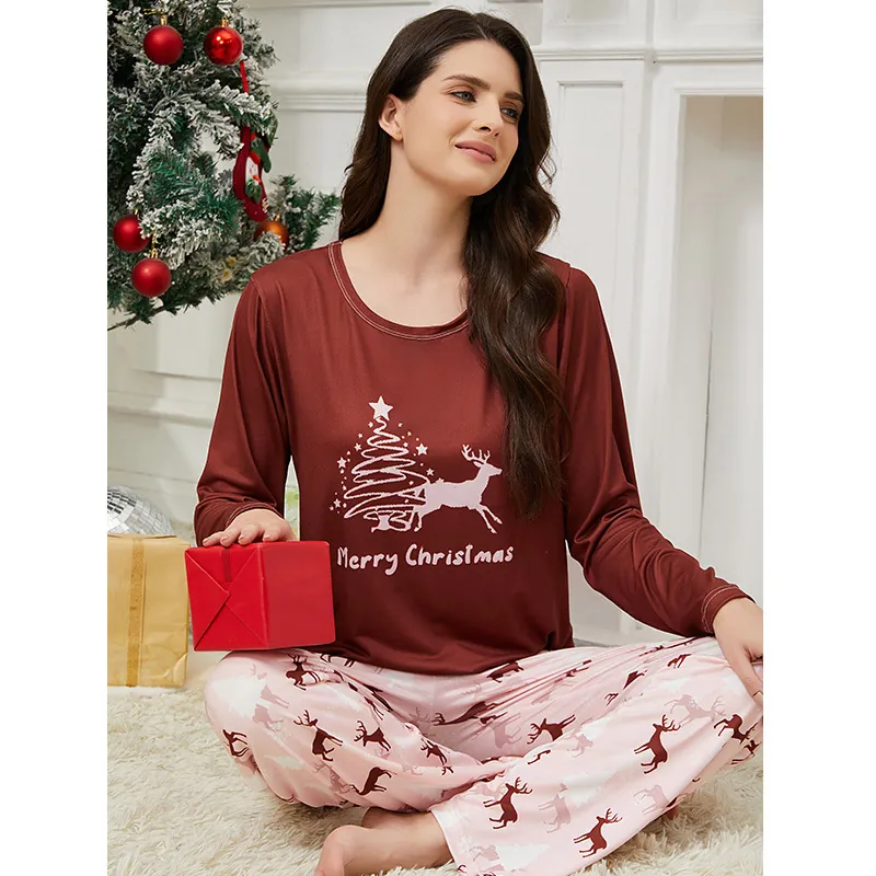 Ensembles de Pyjama de Noël Halloween pour Femmes Soie de Lait Polyester Col Rond Manches Longues Haut Et Bas Loungewear de Fête