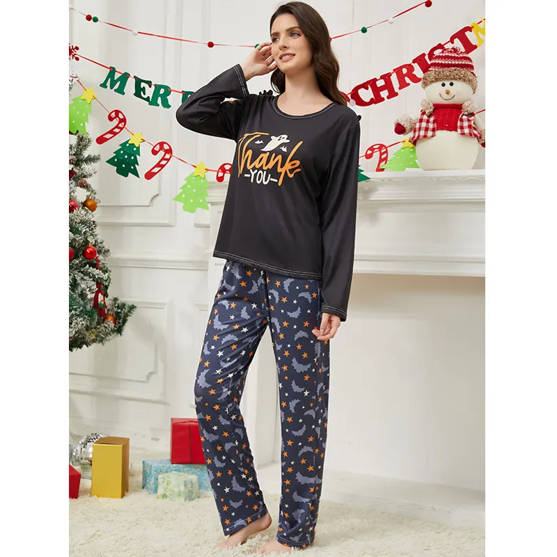 Femme Décontracté Halloween Noël Vêtements d'Intérieur Col Rond Haut Et Pantalon Imprimé de Vacances Pyjama Large pour Femme