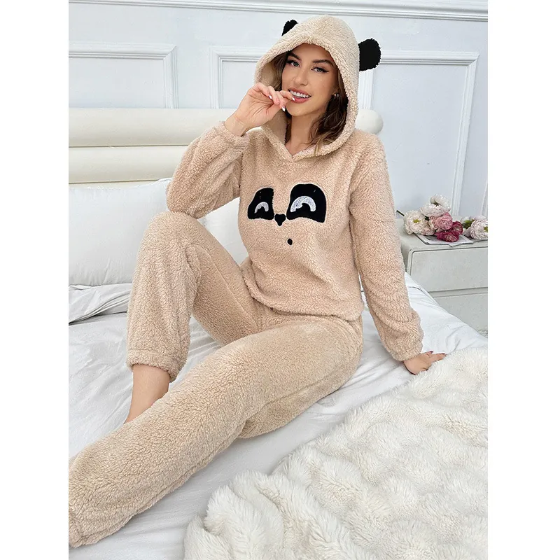 Ensemble Homewear En Polaire Chaude Épaisse Pour Femmes Motif Panda Haut Et Bas Pyjama En Flanelle Douce Automne Hiver