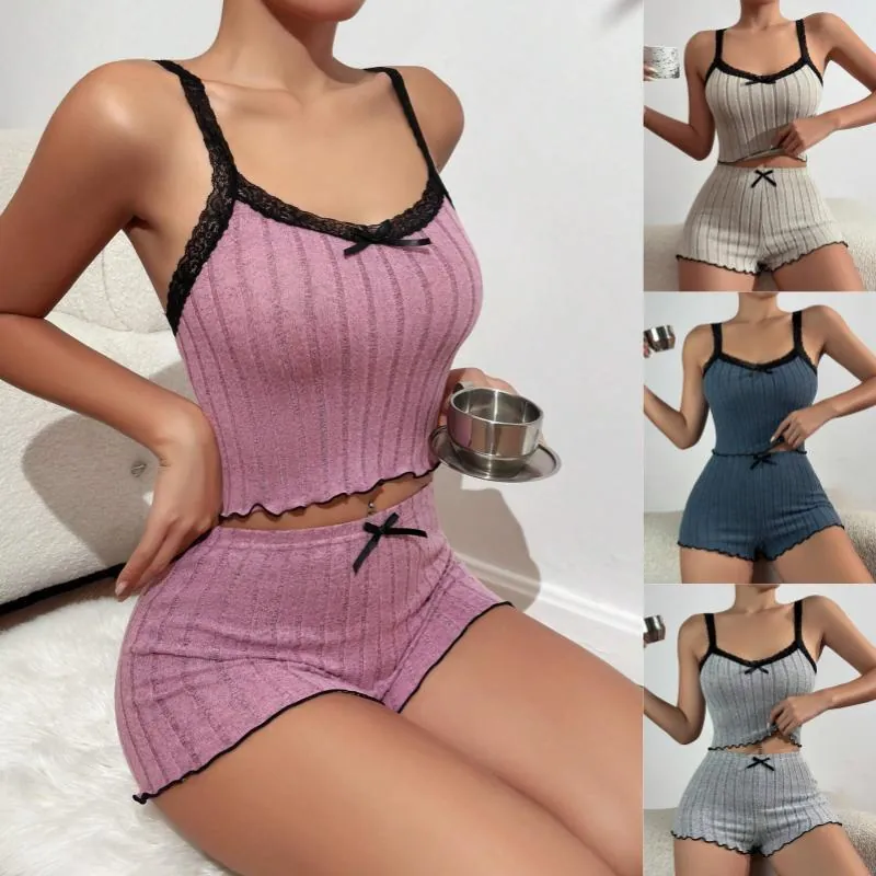 Women Ribbed Knit Pajama Lace Trim Bow Cami Top And Bottom Sleeveless Sleepwear Loungewear Home Wear