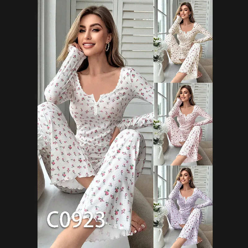 Pyjama Nervuré Imprimé Floral Pour Femmes En Polyester Manches Longues Col En V Top And Bottom Détente Avec Bordure En Dentelle