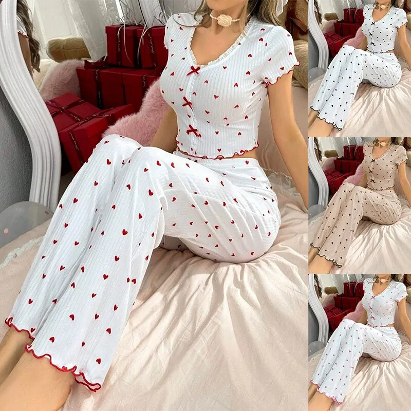Women Sweet Heart Print V-Neck Ribbed Pajama Set Short Sleeve Top And Bottom Lettuce Trim Loungewear Casual Home Suit