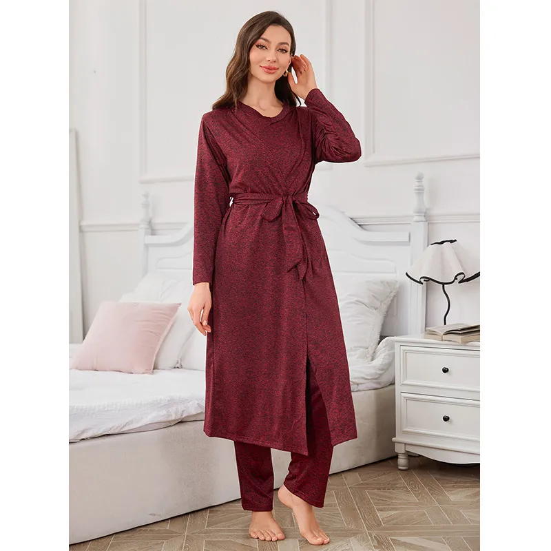 Women's 3-Piece Pajama Set Polyester V-Neck Cami Top And Bottom With Robe Marl Texture Lounge Sets Loungewear