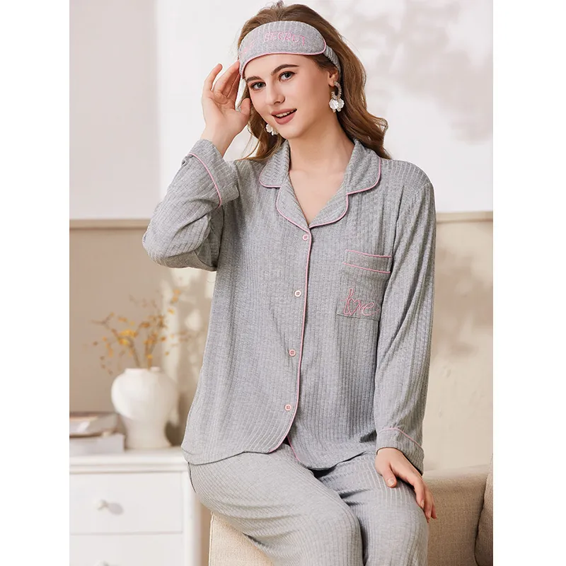 Women Casual Loungewear Set Ribbed Polyester Pajama Long Sleeve Top And Bottom With Contrast Piping For Home Sleepwear