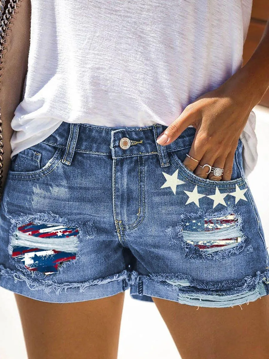 Women US Flag Distressed Denim Shorts Ripped Star Patch Frayed Hem Casual Mid Waist Hot Pants Jeans For Summer