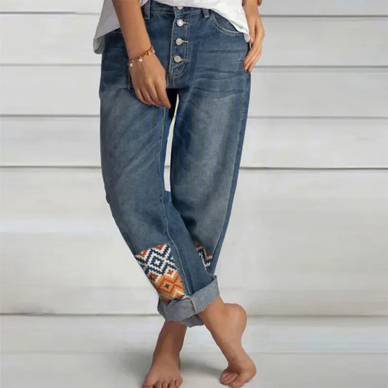 Women's High Waisted Button Fly Straight Leg Jeans With Geometric Ethnic Embroidery Mid Blue Distressed Denim Pants