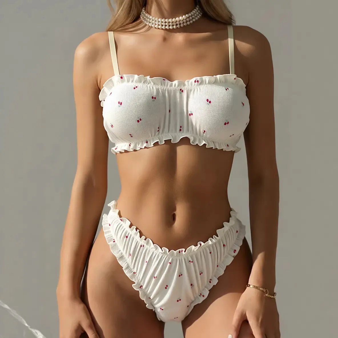 Ensemble de Soutien-gorge Imprimé Cerise Style Champêtre Polyester Volants Haut Et Bas Blanc Doux Femme