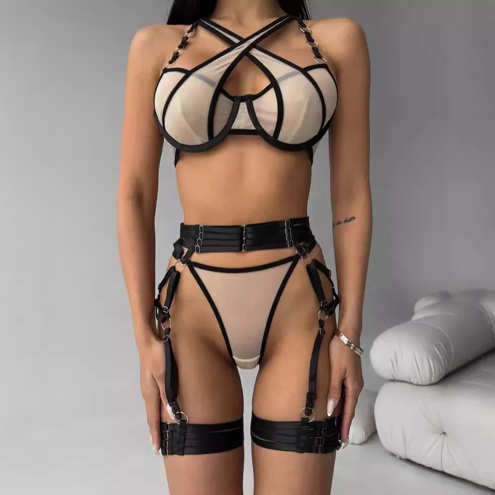 Women Sexy Crossover Mesh Bra And Panties With Underwire Garter Belt And Leg Straps Nude Black Clubwear Lingerie