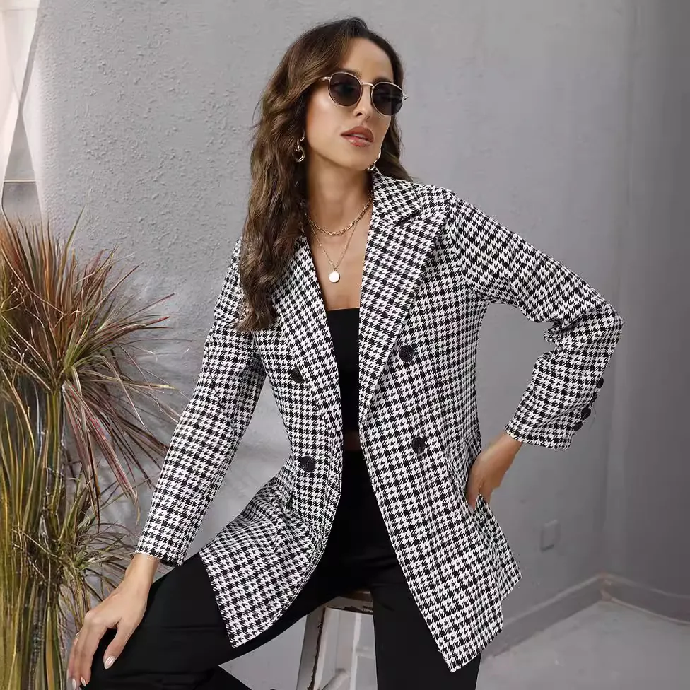 Women Casual Houndstooth Blazer Jacket Double Breasted Lapel Long Sleeve Mid Length Polyester Cotton Blend Suit Outerwear