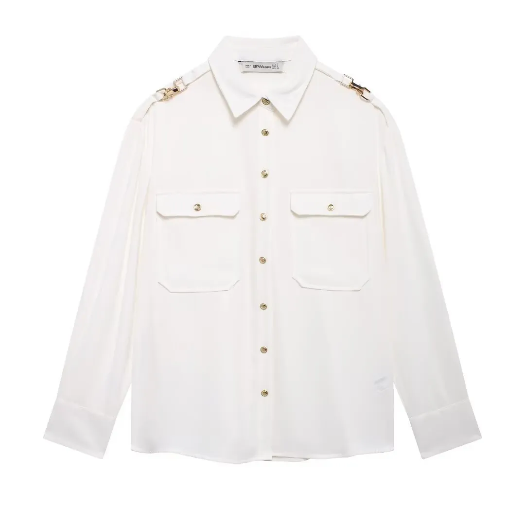 Camicia in Crespone Bianco da Donna Bottoni Oro Risvolto Monopetto Spalline Tasche a Patta Blusa Casual Elegante Top a Maniche Lunghe