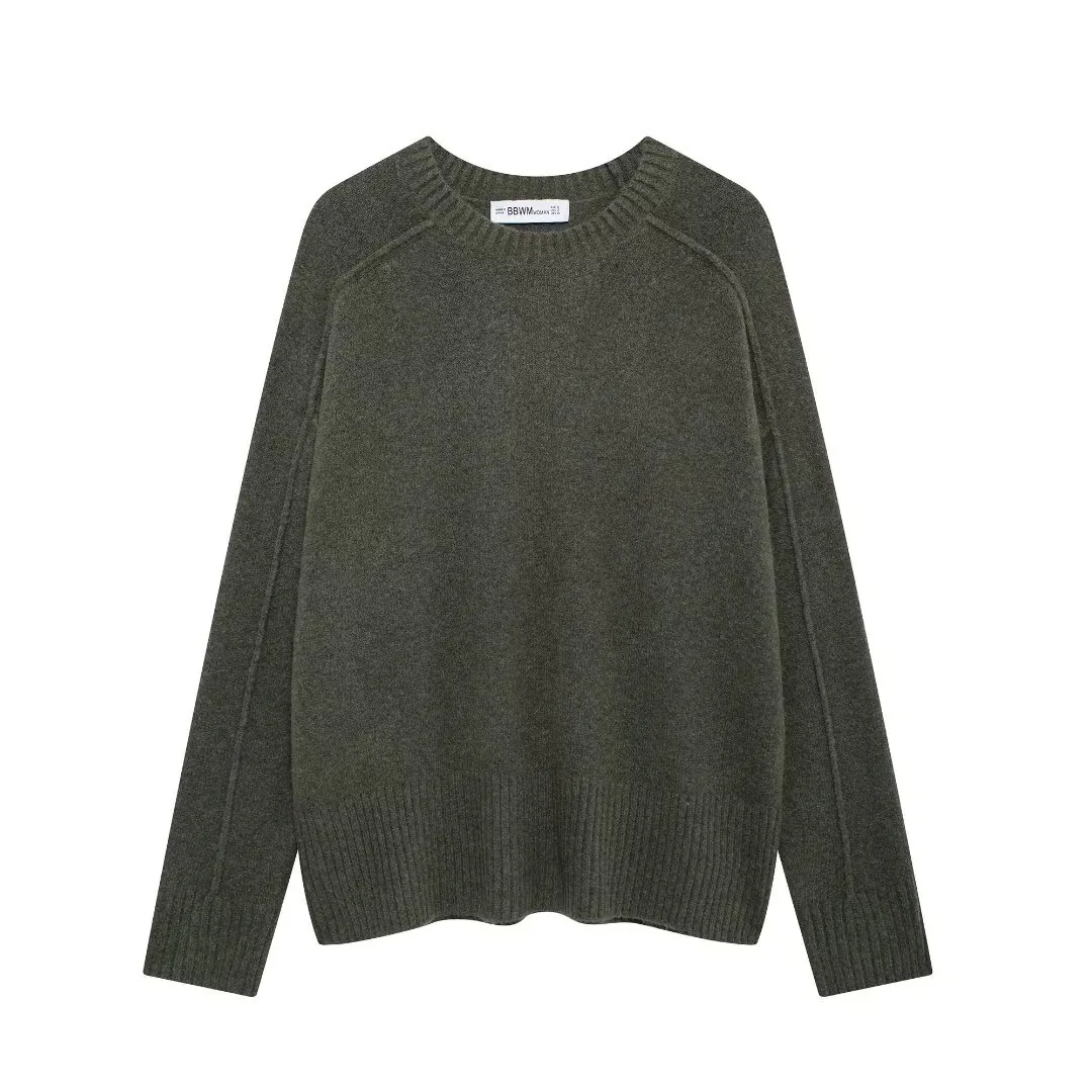 Pull Décontracté pour Femmes Col Rond Manches Longues Tricot Ample Minimaliste Couleur Unie Manches Raglan Haut d'Hiver