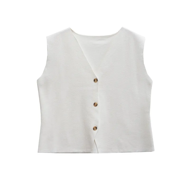 Gilet da Donna in Maglia Bianca Casual Scollo a V Senza Maniche con Bottoni Monopetto Top per Uso Quotidiano