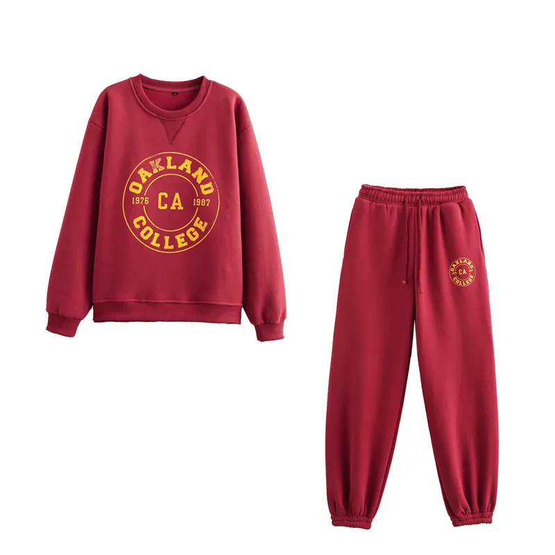 Set da Donna Vintage Stile Preppy Felpa e Pantaloni Jogger con Stampa Oakland College Bordeaux Pile Casual Sportivo Top Bottom