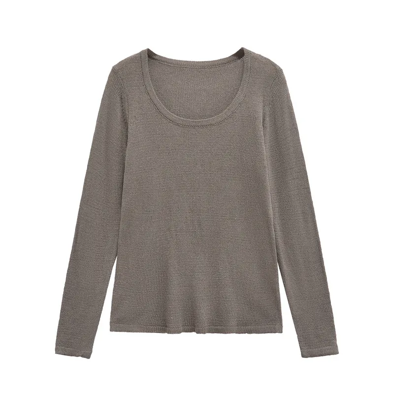 Maglione in Maglia da Donna Casual a Girocollo Manica Lunga in Tinta Unita Grigio Caffè Slim Fit
