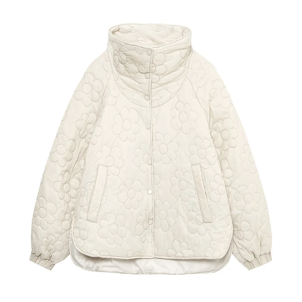 Damen Stehkragen Langarm Steppjacke Blumenmuster Einreihig Warm Wattierter Mantel Off White Oberbekleidung