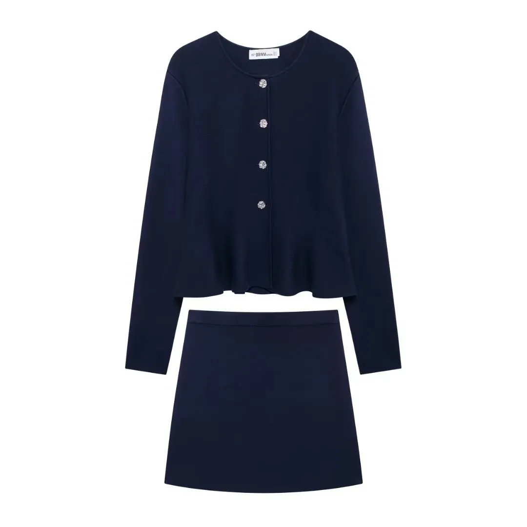 Women Knitted Peplum Cardigan Rhinestone Buttons Dark Blue Skirt Elegant Office Lady Casual Daily Knitwear Outfit Top Bottom