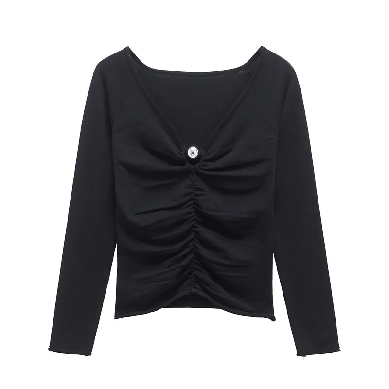 Women's Slim Fit V-Neck Long Sleeve Knit Top With Front Shirring And Silver Bead Decoration Casual Solid Color Black Fashion Pullover