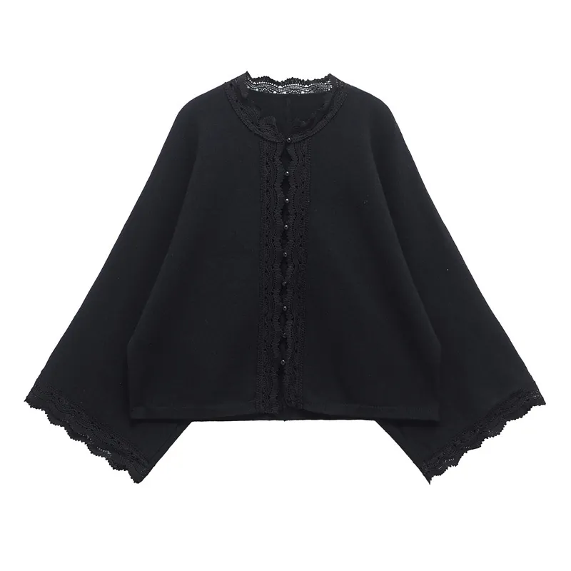 Women Casual Loose Knit Cardigan Elegant Lace Stitching Long Sleeve Button Down Sweater Vintage Solid Black Jacket Top