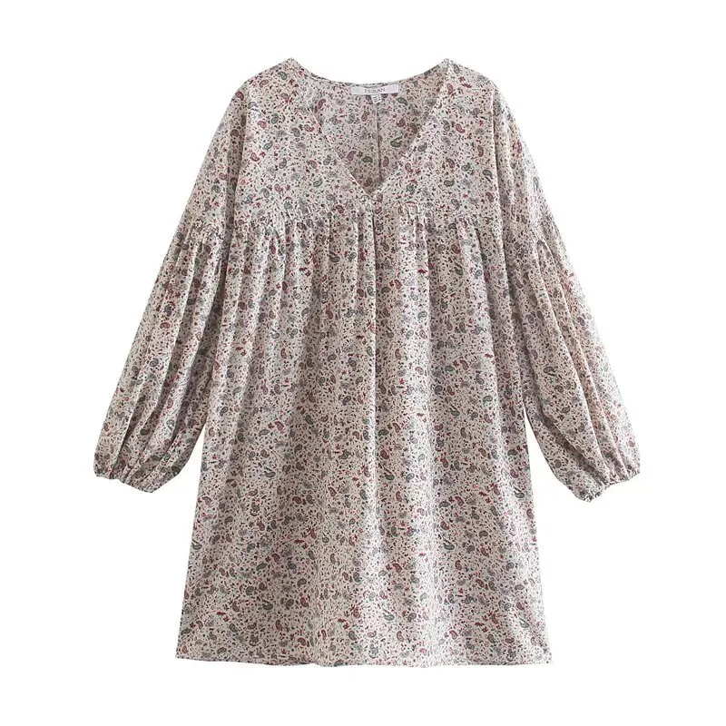 Abito Corto Donna Vintage Stampa Paisley Floreale Scollo a V Maniche a Sbuffo Bohemio Ampio Vita Alta Poliestere Casual Linea a A