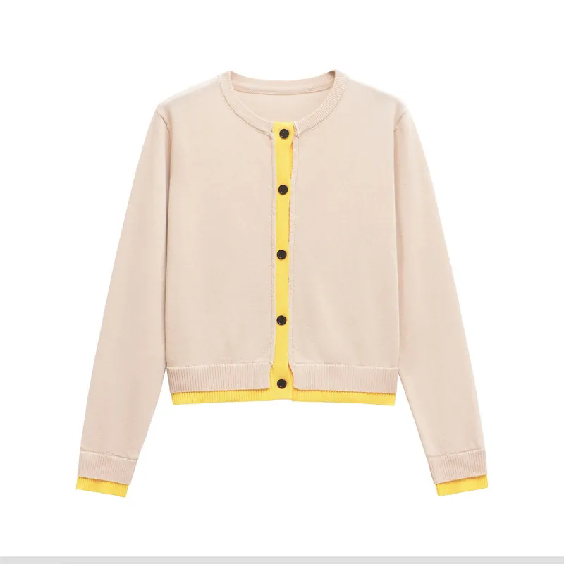 Cardigan en Maille de Coton Mercerisé Contraste Femmes Col Rond Boutonné Manches Longues Pull Décontracté Beige Jaune
