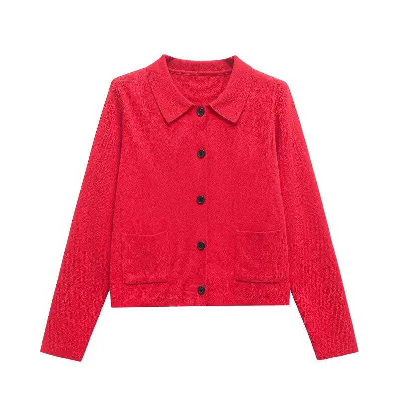 Cardigan en Maille Décontracté pour Femmes Coton Mercerisé Manches Longues Revers Boutonné Rouge Couleur Unie Pull avec Poches