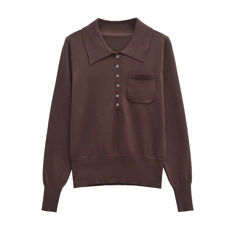 Damen Casual Strick Polohemd Langarm Halbe Knopfleiste Seidige Baumwollmischung Einfarbig Pullover Top Mit Tasche