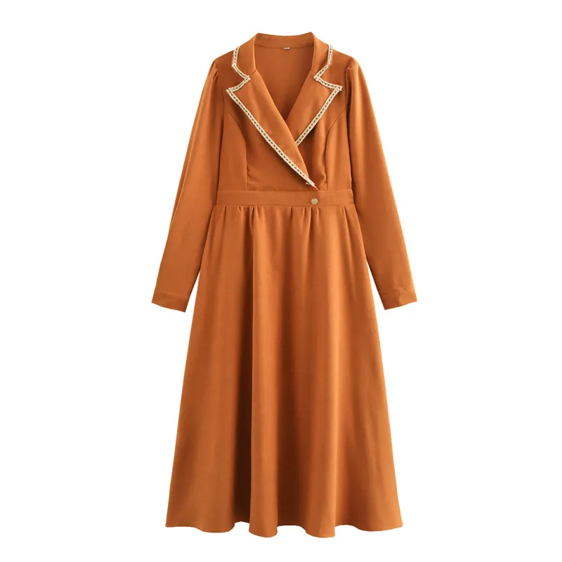 French Style Blazer Collar Long Sleeve Maxi Dress Women Elegant Lace Trim Waist Slimming Solid Color A-Line Dress