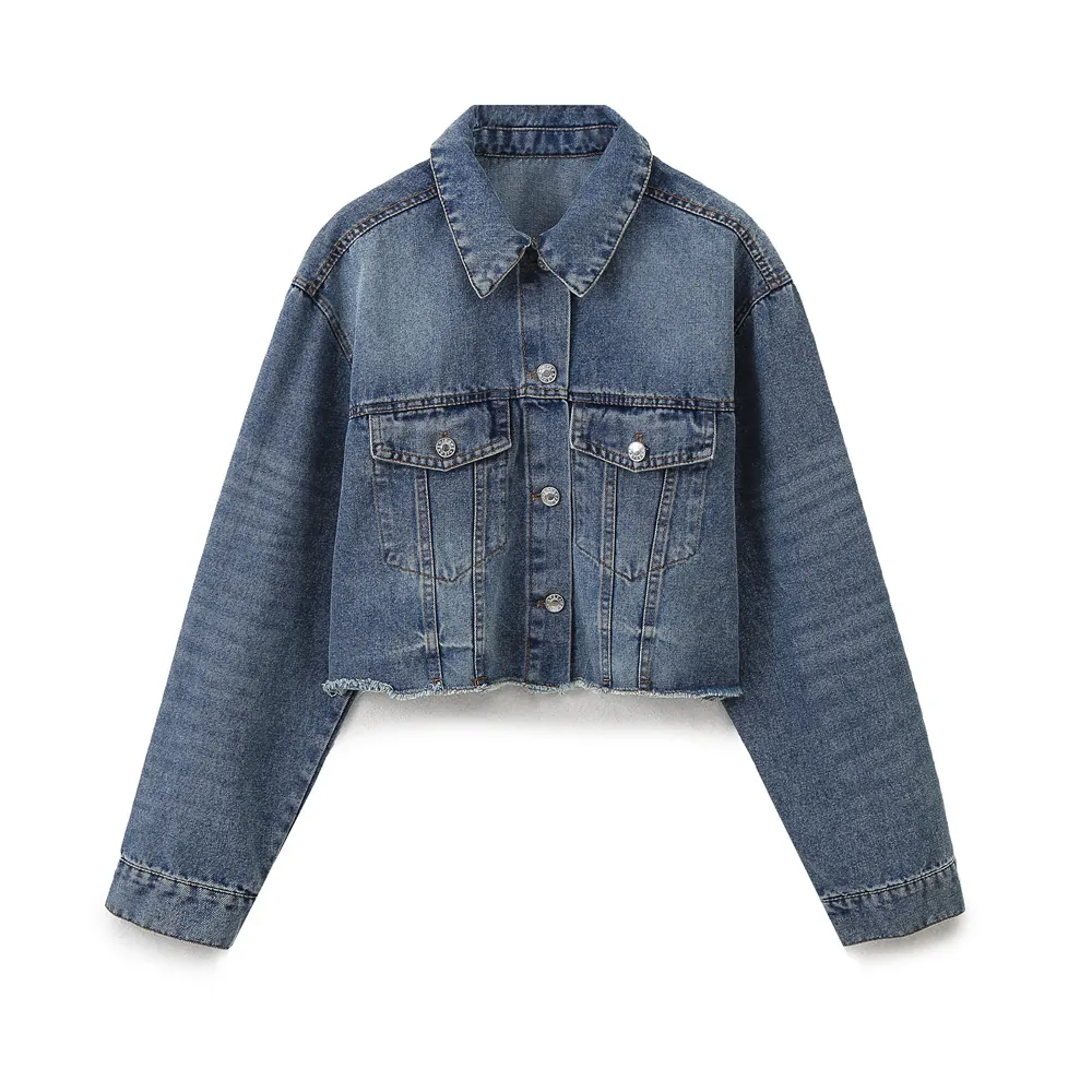 Women Cropped Denim Jacket Retro Blue Water Washed Raw Hem Design Long Sleeve Jean Jacket Streetwear Outerwear Fashion Coat