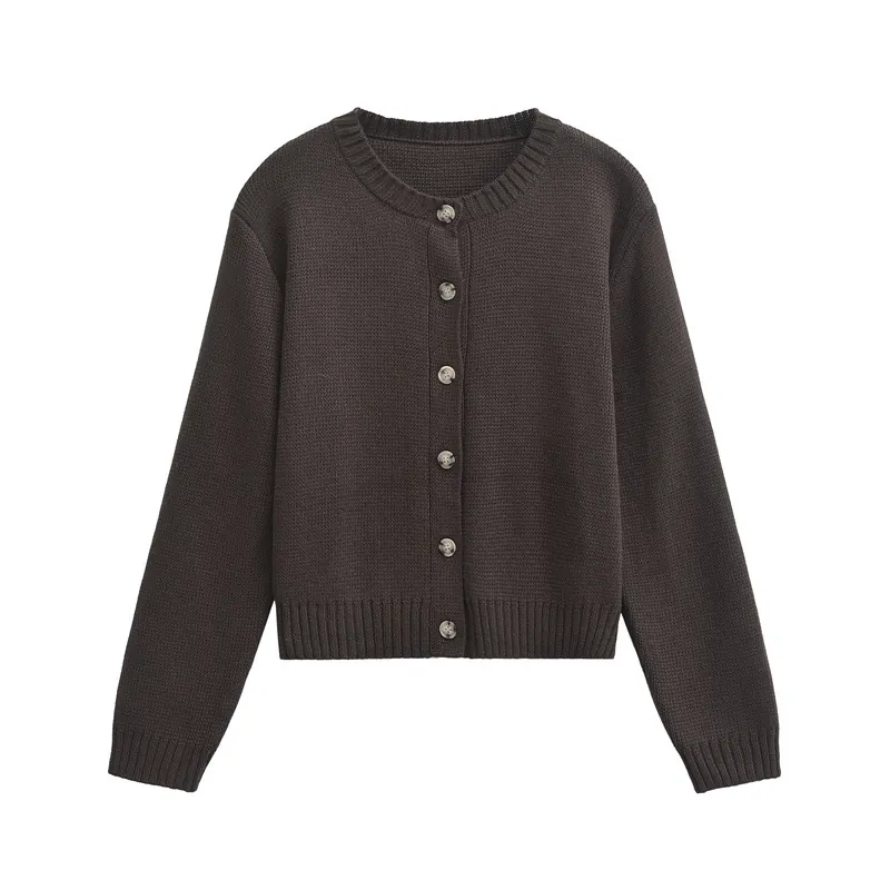 Cardigan in Maglia da Donna Slim Fit Tinta Unita Girocollo con Bottoni Polsini a Costine Top a Maniche Lunghe in Poliestere