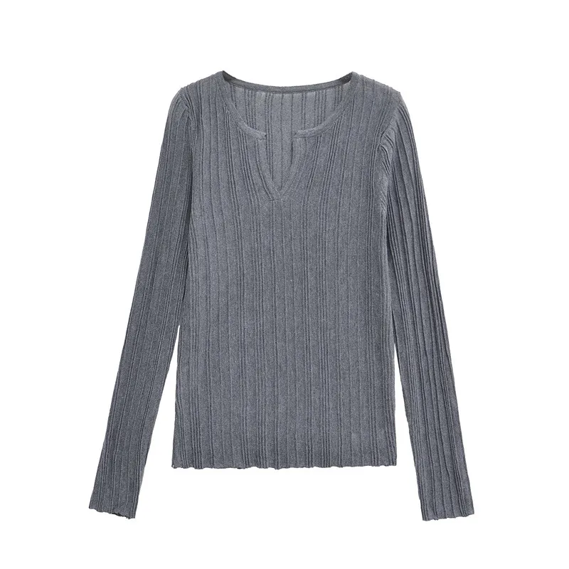 Women Slim Fit Ribbed Knit T-Shirt Notch Neck Long Sleeve Mercerized Cotton Top Minimalist Casual Basic Dark Grey Tee