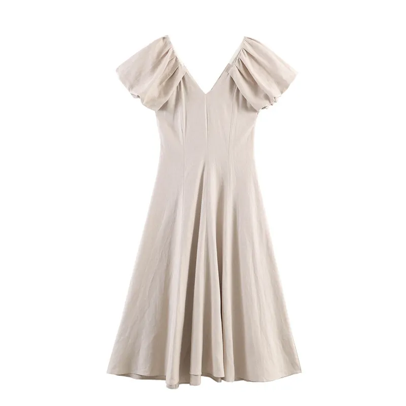 Elegant Linen V Neck Puff Sleeve Midi Dress For Women Solid Color Casual Vacation A Line Smocked Waist Spring Summer Dress