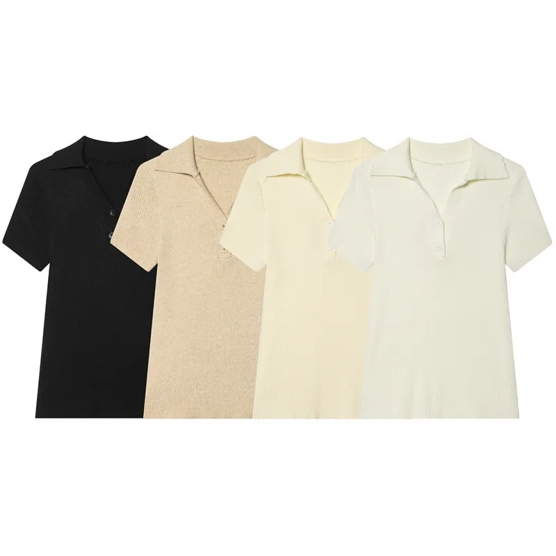 Maglia Polo da Donna a Maniche Corte in Maglia a Costine Scollo a V con Bottoni Casual Estiva Leggera Pullover Tinta Unita