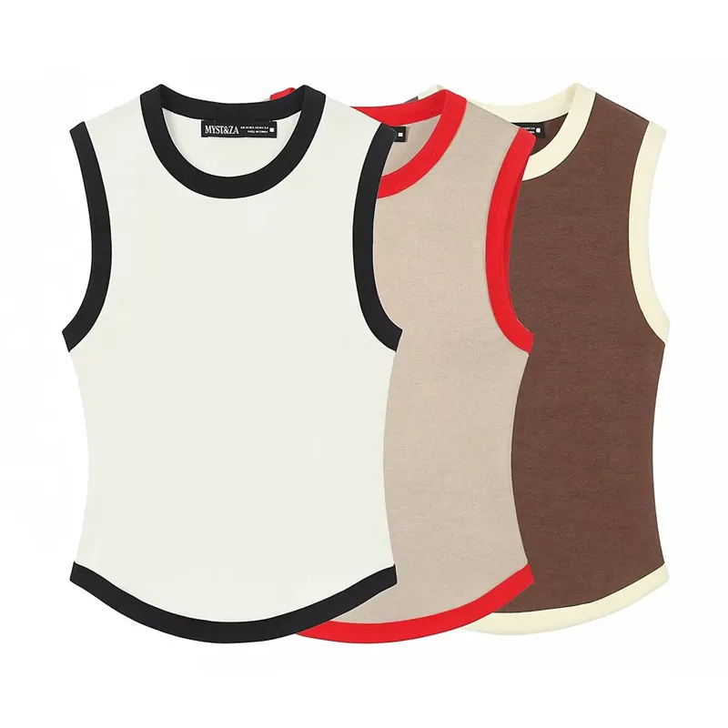 Women's Casual Sleeveless Knitted Vest Contrast Trim Round Neck Slim Fit Basic T-Shirt Top For Summer Commuting Office