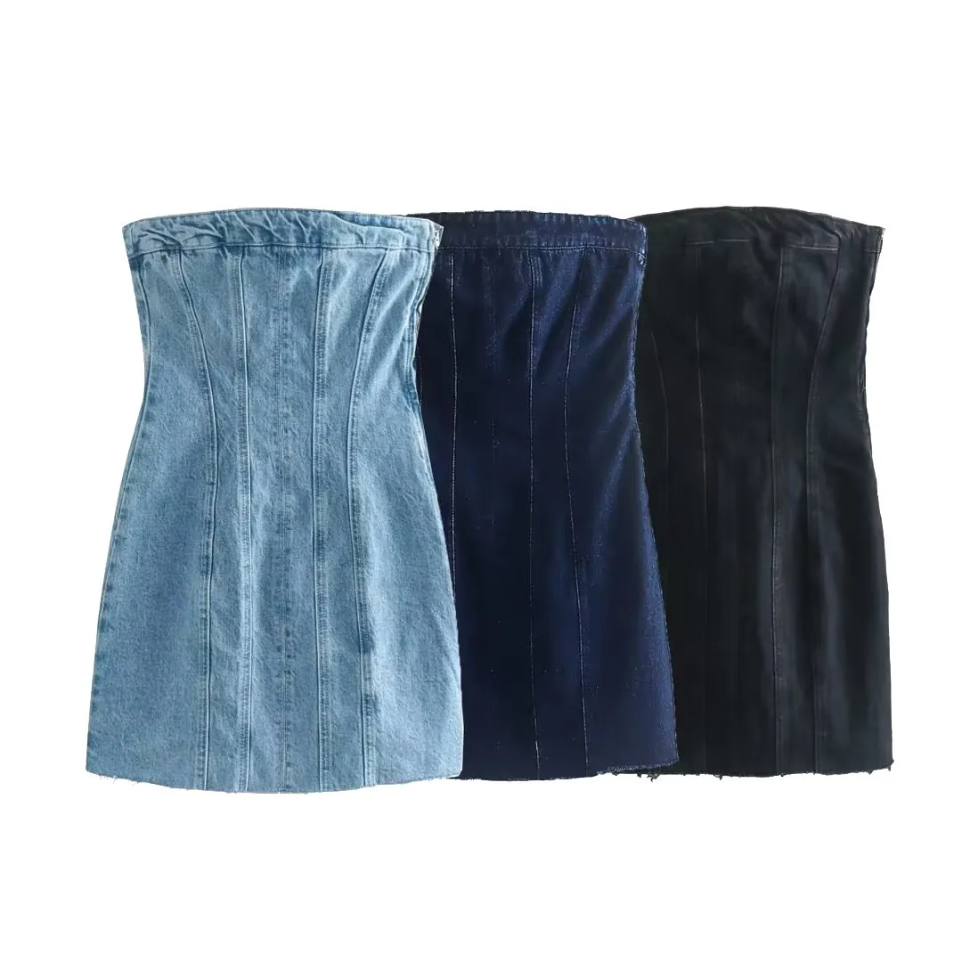 Vestido Mini de Denim para Mujer con Hombros Descubiertos Ajustado Estilo Corsé con Dobladillo sin Terminar y Cremallera Lateral Street Style