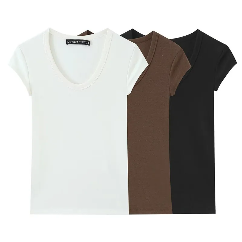 Women Korean Style Slim Fit Deep U Neck Short Sleeve T-Shirt Basic Solid Color Casual Summer Commuter Top Essential Clothing