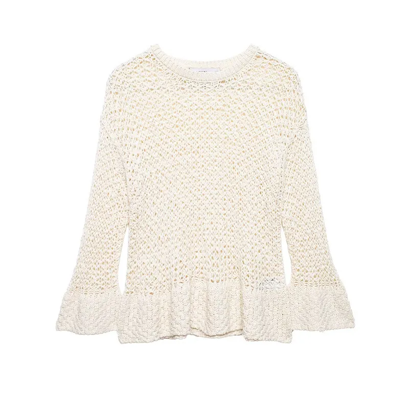 Top Casual da Donna in Maglia all'Uncinetto Traforato Maniche a Campana Scollo Rotondo Beige Tinta Unita Pullover Boho