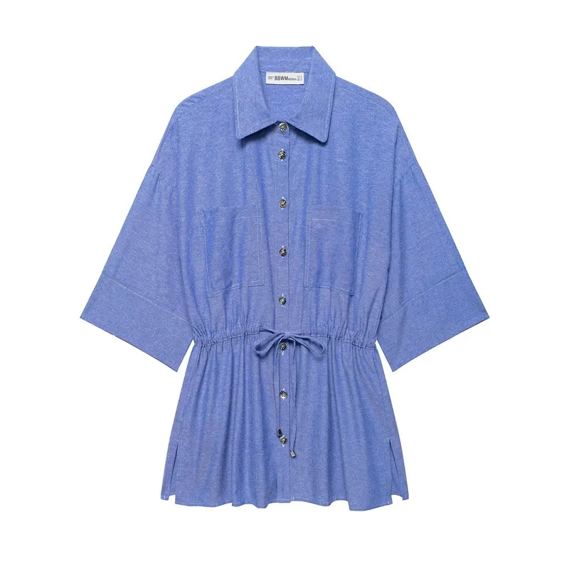 Women's Casual Solid Color Short Sleeve Shirt Loose Waist Tie Button Up Blouse Comfortable Fashion Top For Everyday