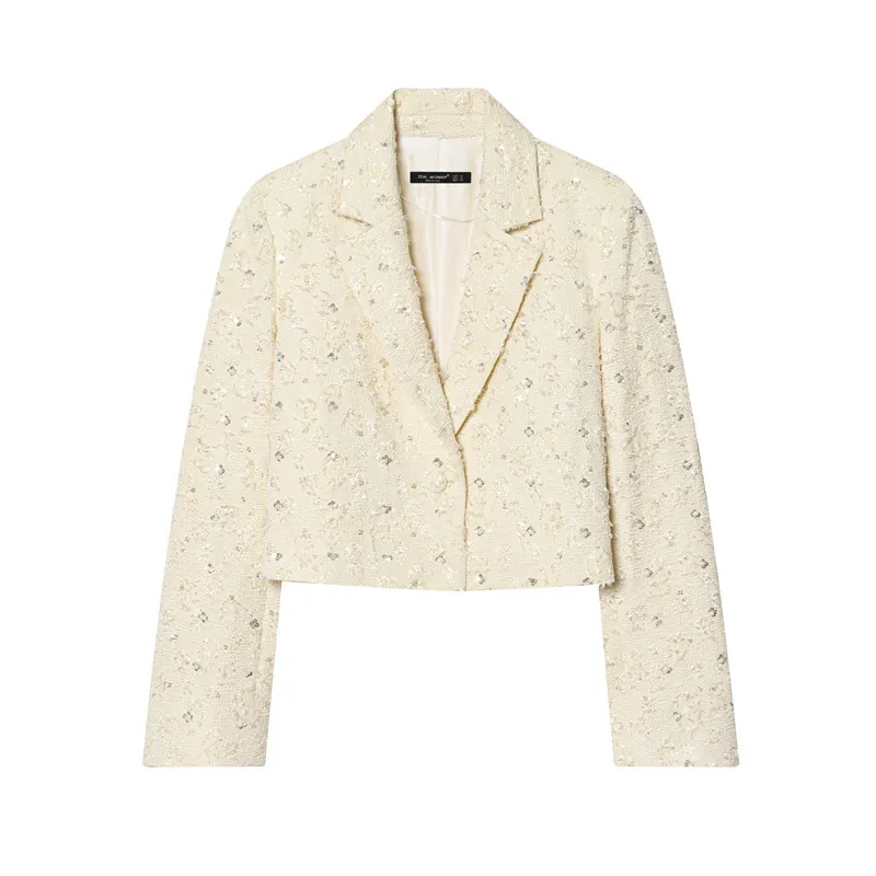 Damen Elegant Aprikose Tweed Blazer Jacke Kurz Langarm Pailletten Künstliche Perle Blumenstickerei Einreihig Revers Outerwear