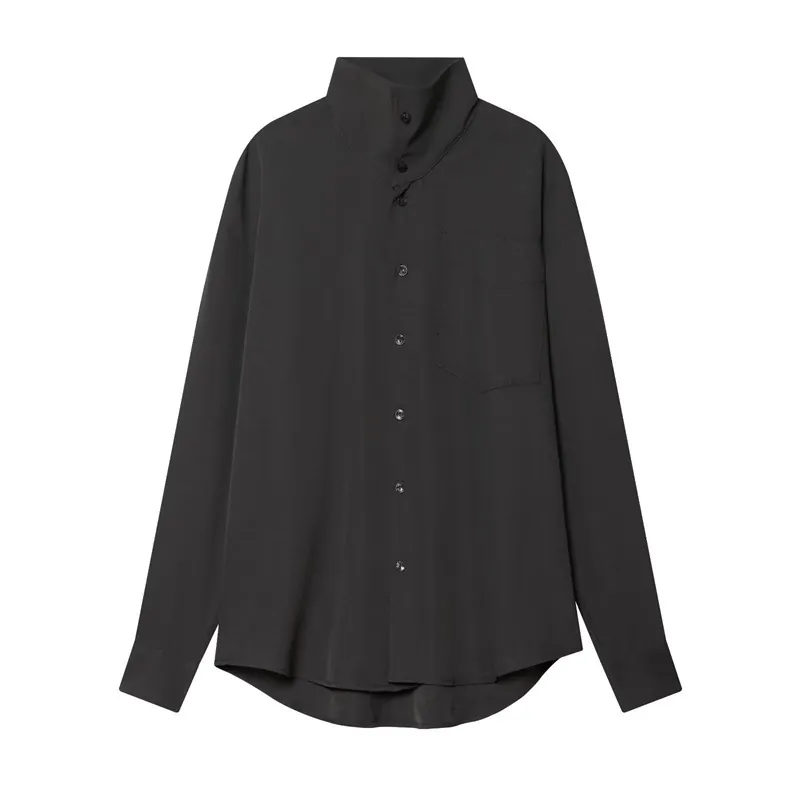 Women's Loose Casual Minimalist Long Sleeve Shirt With Stand Collar Utility Pocket Button Down Polyester Spandex Blouse