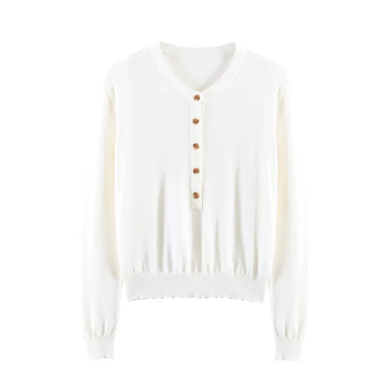 Damen Casual Henley V-Ausschnitt Strickpullover Langarm Rippstrick Knopfleiste Pullover Einfarbig Schmal Geschnitten Strickwaren Top
