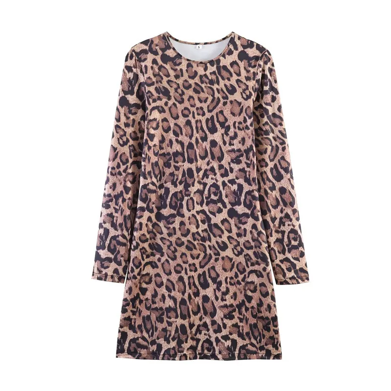 Damen Sexy Leopardenmuster Langarm Minikleid Slim Fit Elastisch Rundhals Gestrickt Gerafft Casual Bodycon Party Clubwear