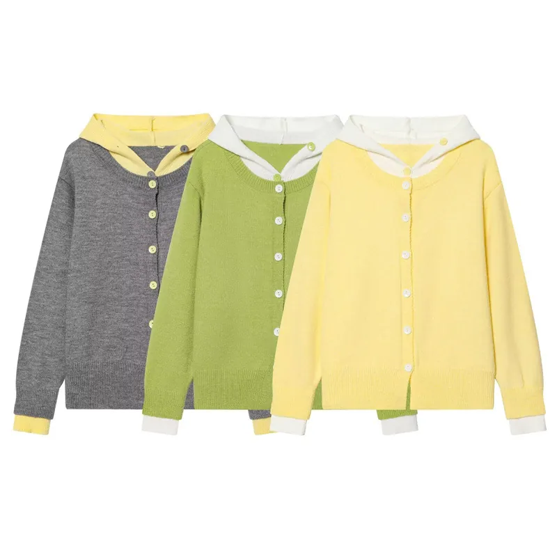 Cardigan in Maglia con Cappuccio Donna Finto Due Pezzi Colore a Contrasto Manica Lunga Bottoni Maglione Largo Autunno Top