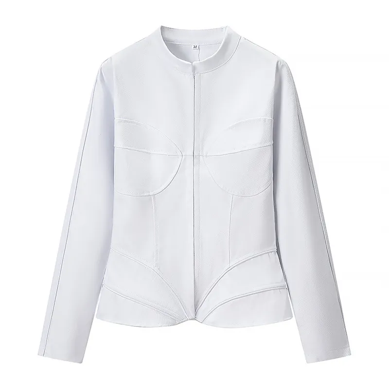 Top da Donna Bianco a Manica Lunga Slim Fit Camicetta con Cuciture Stile Corsetto Strutturale con Bottoni Nascosti Camicia Casual