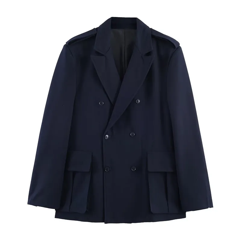 Women Fashion Loose Double Breasted Blazer Jacket With Large Pockets British Military Style Casual Solid Color Outerwear