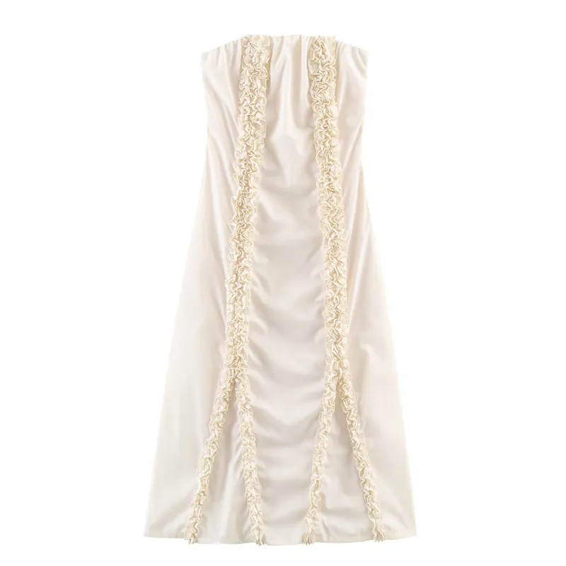 Damen Trägerlos Off-White Rüschen Midi Kleid Lagenbesatz Slim A-Linie Elegant Ärmellos Abend Party Mode Kleid