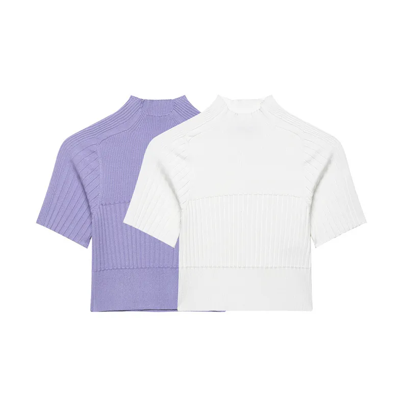 Top da Donna in Maglia a Costine Collo Lupetto Manica Corta Tinta Unita Lilla Viola Bianco Slim Fit Casual Chic Crop Top